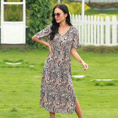 Vintage Print V Neck Dress