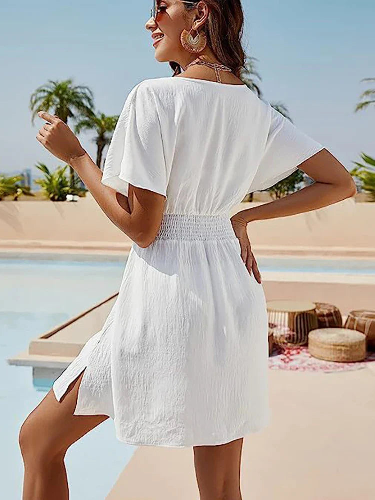 Solid Loose White Beach Dress Ladies Boho Mini Dress