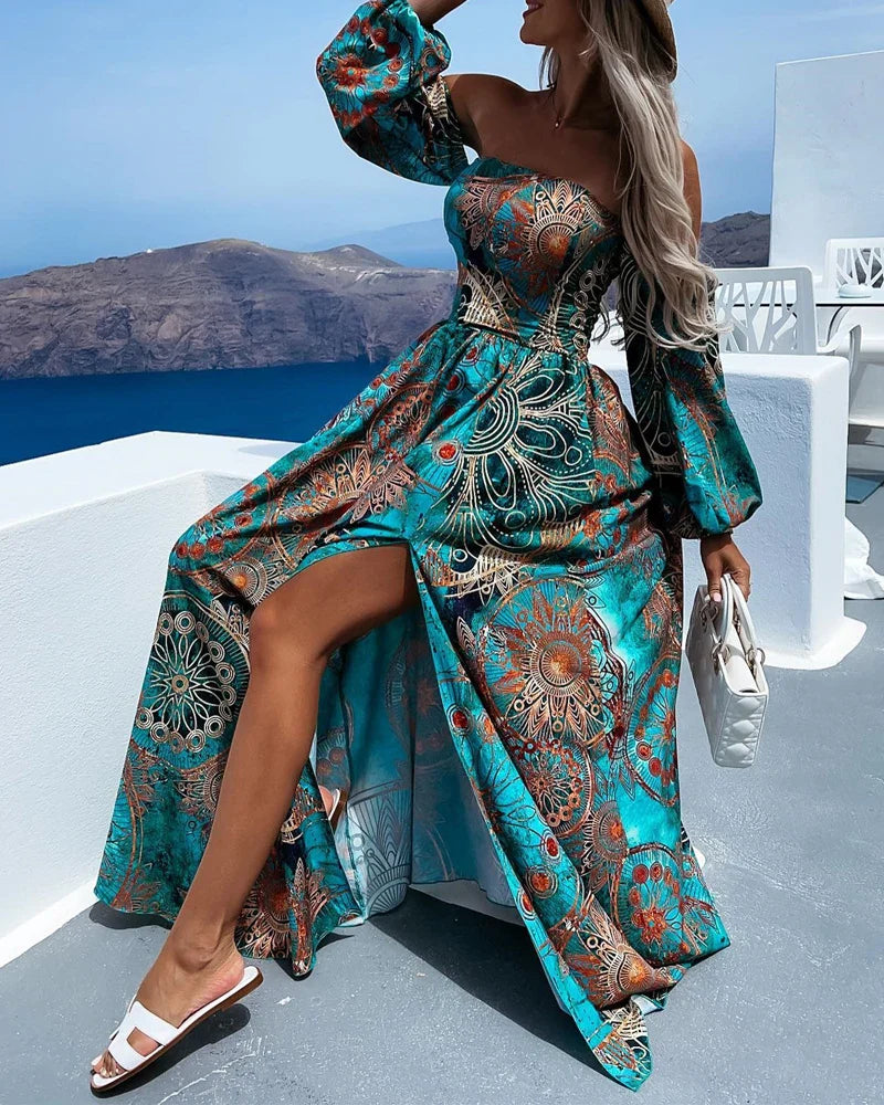 Loose Long Sleeve Corset Slit Holiday Beach Boho Dress