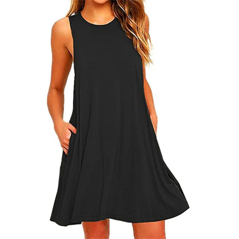 Sleeveless Ladies O-Neck Club Beach A-Line Mini Vestidos Midi Dresses