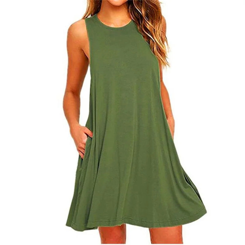 Sleeveless Ladies O-Neck Club Beach A-Line Mini Vestidos Midi Dresses