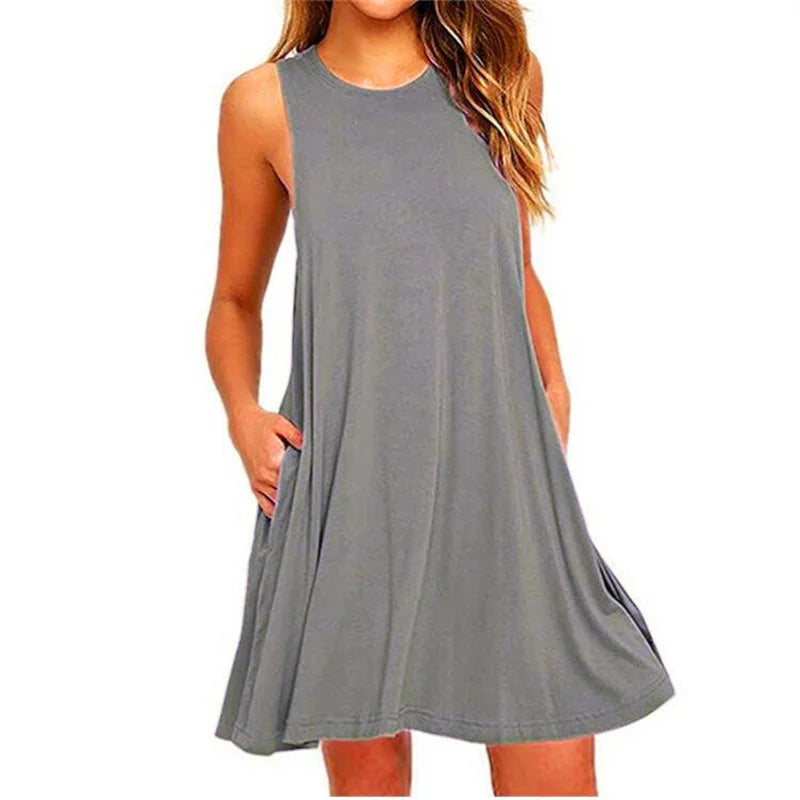 Sleeveless Ladies O-Neck Club Beach A-Line Mini Vestidos Midi Dresses