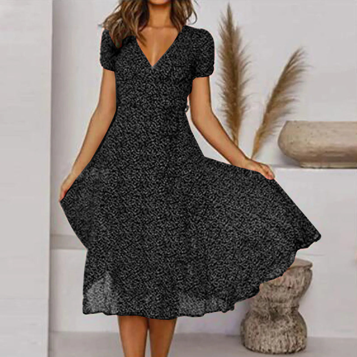 Summer Women's Short V Neck Floral Polka Dot Casual Boho  Sun Midi Dresses