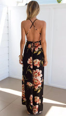 Summer Floral Pleated Backless Robe Evenning- Midi Dresses