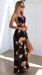 Summer Floral Pleated Backless Robe Evenning- Midi Dresses