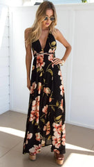 Summer Floral Pleated Backless Robe Evenning- Midi Dresses