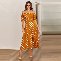 Summer skirt women's word collar strapless polka dot belt print dress