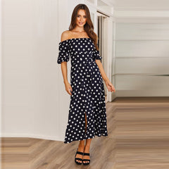 Summer skirt women's word collar strapless polka dot belt print dress