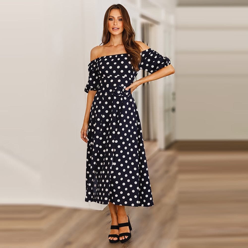 Summer skirt women's word collar strapless polka dot belt print dress