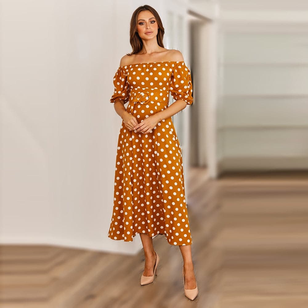 Summer skirt women's word collar strapless polka dot belt print dress