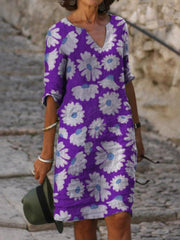 Summer Print Mid-Sleeve V-Neck Dress