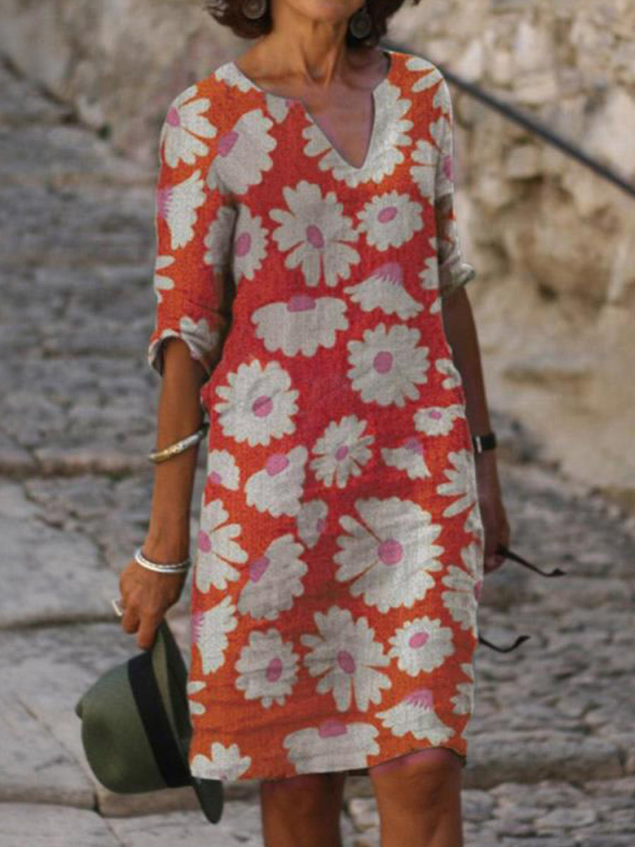 Summer Print Mid-Sleeve V-Neck Dress