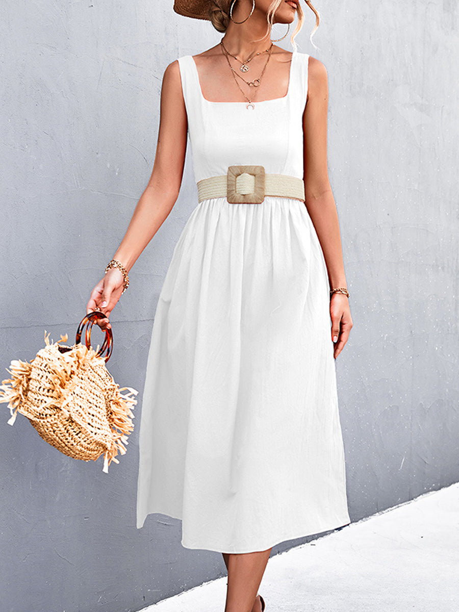 Summer Solid Color Square Neck Holiday Dress Maxi Dresses