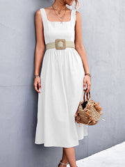 Summer Solid Color Square Neck Holiday Dress Maxi Dresses
