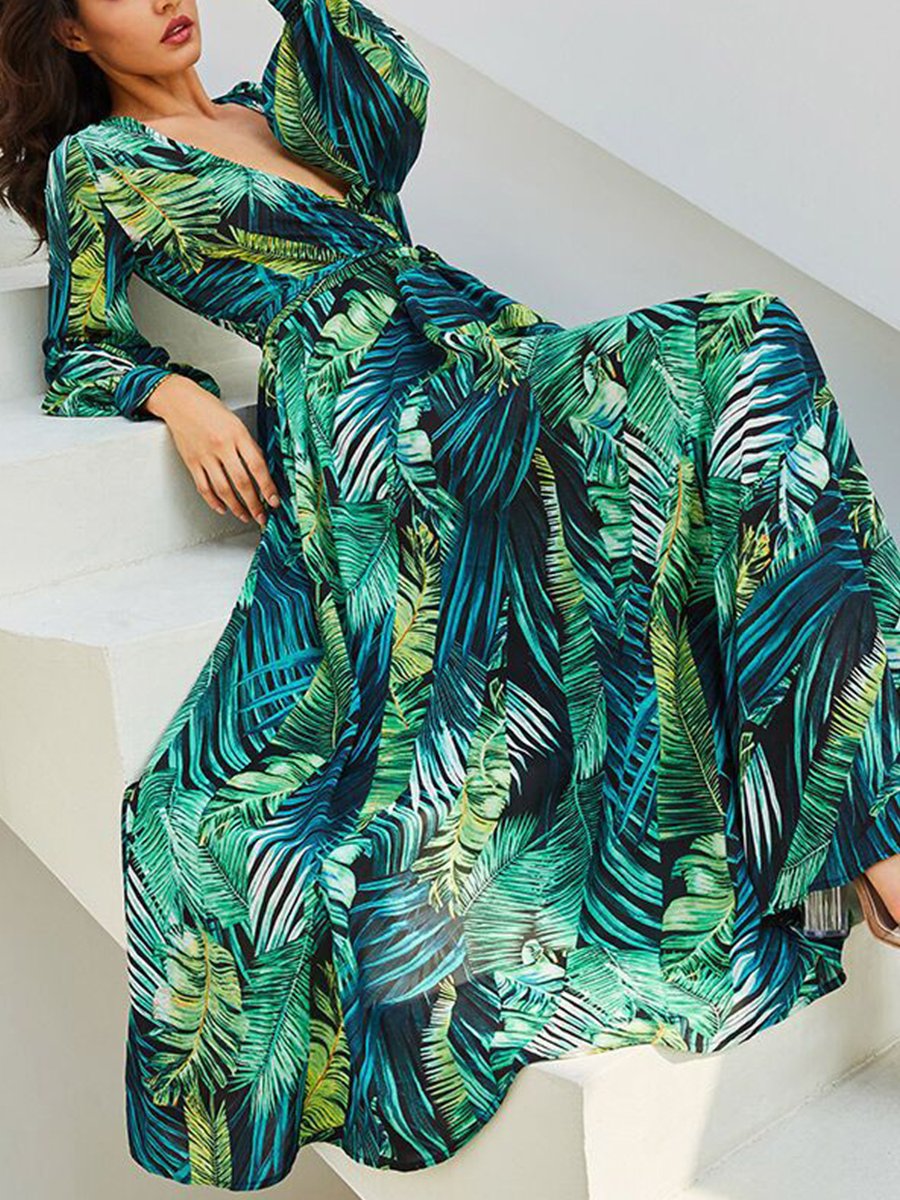 Summer V Neck Long Sleeve Chiffon Printed Leaf Maxi Vacation Dress