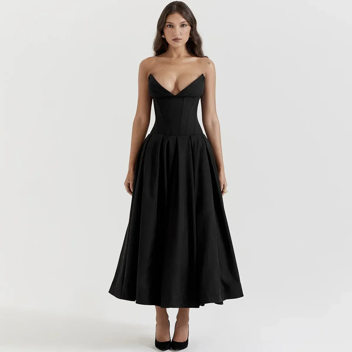 Suninheart Black Elegant Strapless Corset Midi Dresses