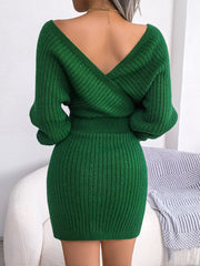 Sweater Dresses Formal Deep V Neck Mini  Dress Batwing Long Sleeve Knitted Winter Dresses