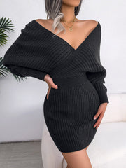 Sweater Dresses Formal Deep V Neck Mini  Dress Batwing Long Sleeve Knitted Winter Dresses
