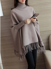 Turtle Neck Knitted Casual Plain Batwing Cape