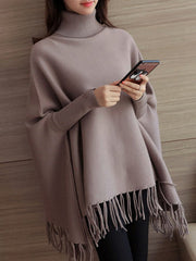 Turtle Neck Knitted Casual Plain Batwing Cape