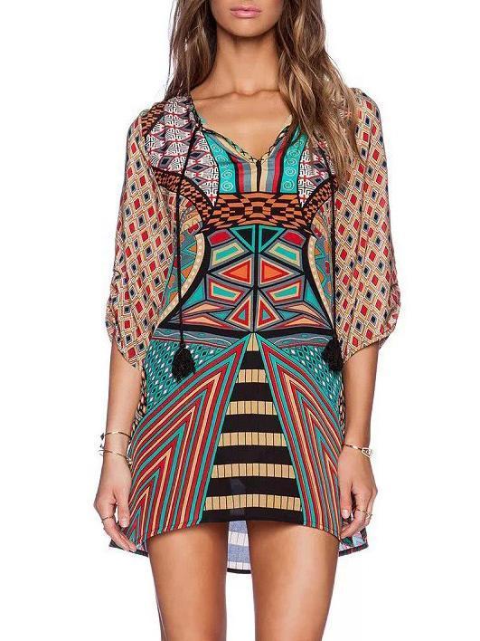 Floral V-neck Long Sleeves Mini Dress
