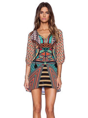 Floral V-neck Long Sleeves Mini Dress