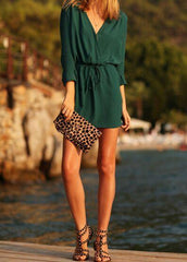 Surplice  Belt  Plain Casual Dresses