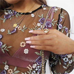 High Neck See Through Embroidery T-Shirts