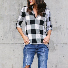V Neck Asymmetric Hem Gingham Blouses