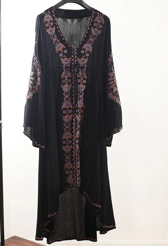 Floral Embroidered Cotton Long Boho Dress for