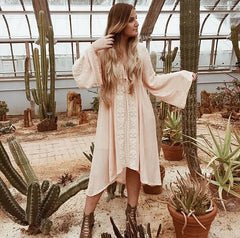 Floral Embroidered Cotton Long Boho Dress for