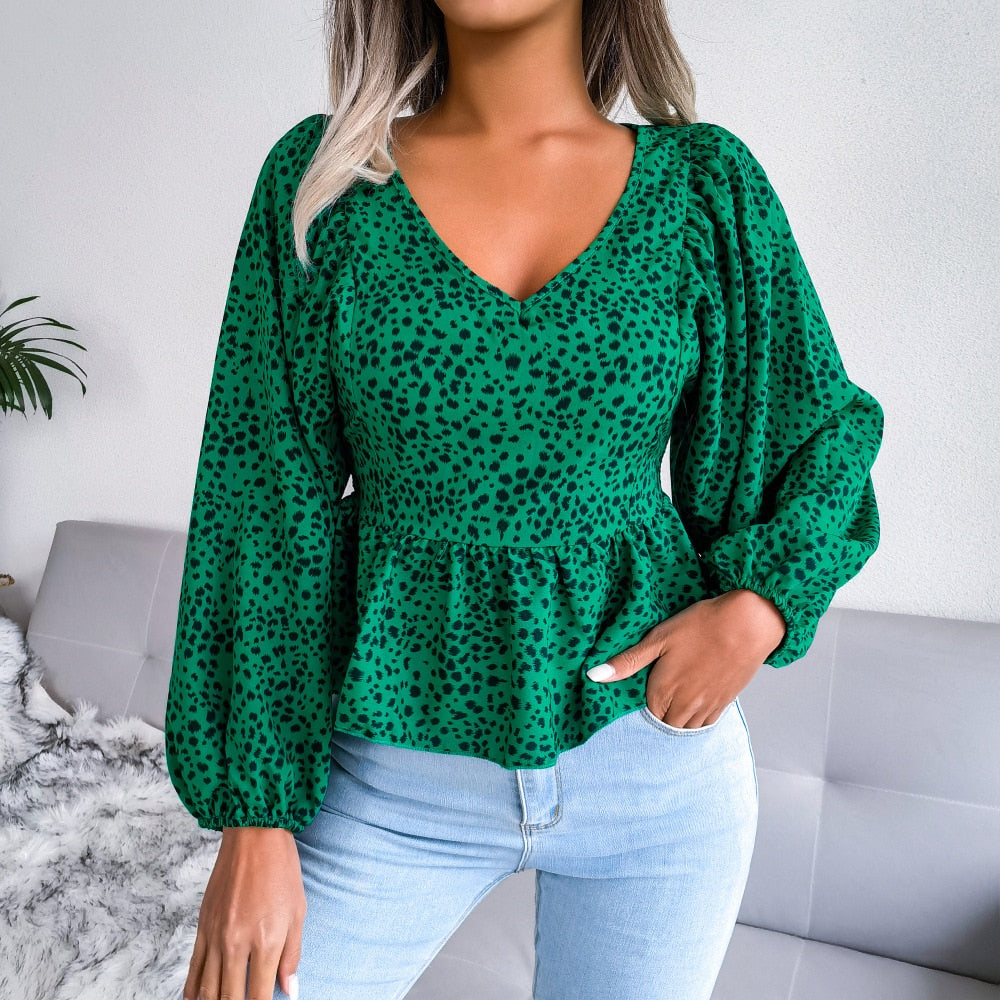 Summer Leopard Print Chiffon Shirt, Fashion V-Neck Lantern Long Sleeve Ruffle Hem Top