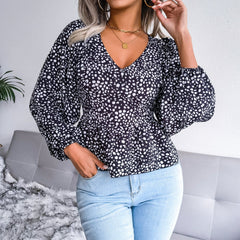 Summer Leopard Print Chiffon Shirt, Fashion V-Neck Lantern Long Sleeve Ruffle Hem Top