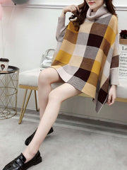 Knitted Cowl Neck Checkered Elegant Cloak Sweater