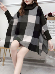Knitted Cowl Neck Checkered Elegant Cloak Sweater