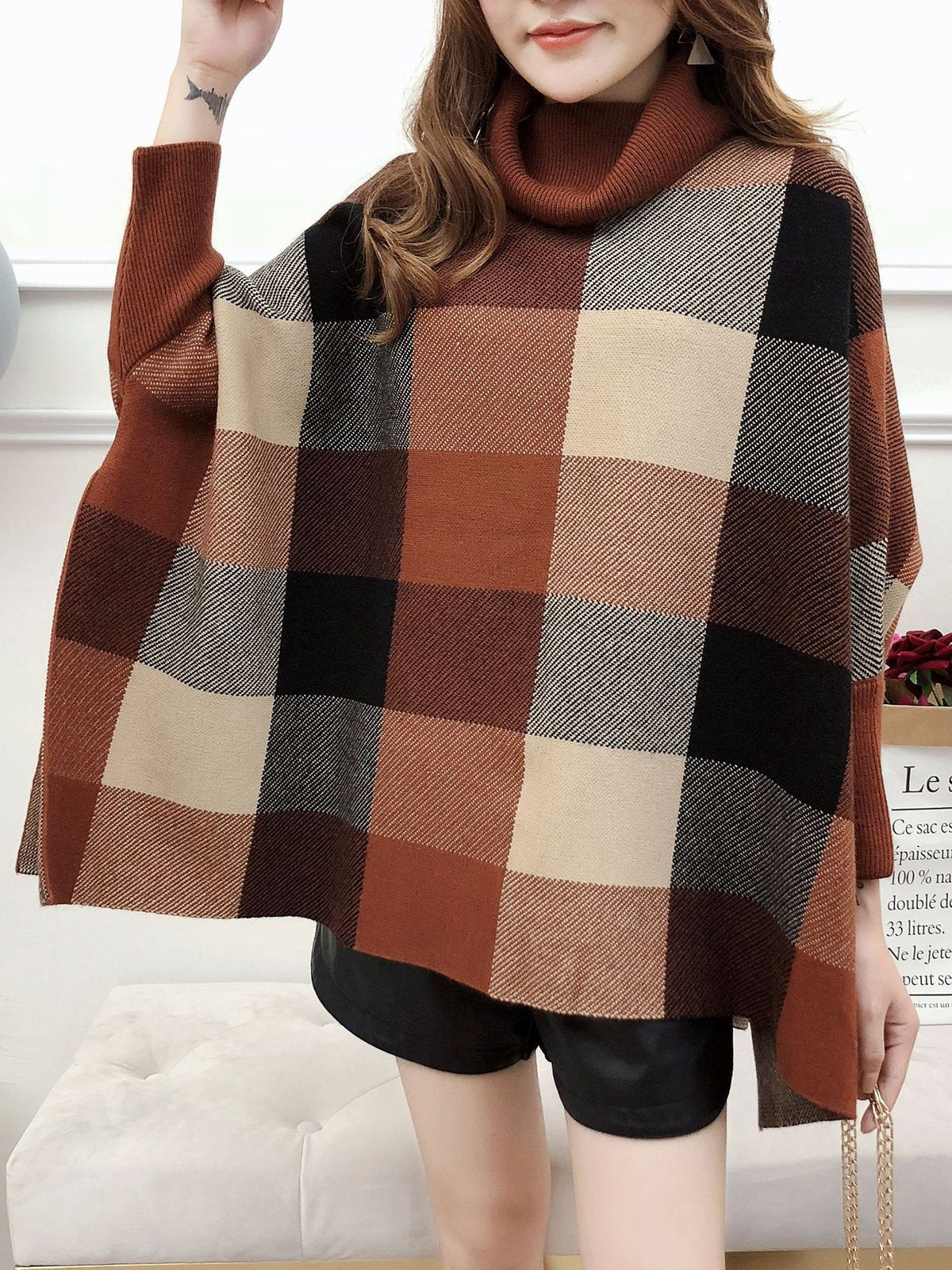 Knitted Cowl Neck Checkered Elegant Cloak Sweater