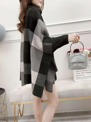 Knitted Cowl Neck Checkered Elegant Cloak Sweater
