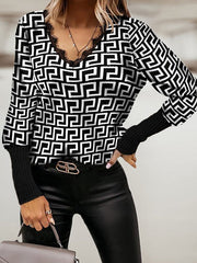 Temperament loose long sleeve V-neck print women's top T-shirts