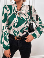 Tie neck bownet women printed long sleeve blouses