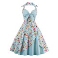 Bow Knot Front  V-Neck Halter Party Vintage 50s Dress Backless Cotton Dresses