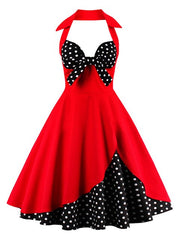 Bow Knot Front  V-Neck Halter Party Vintage 50s Dress Backless Cotton Dresses