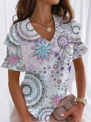Tribal Print Frill Sleeve Holiday Casual Short V neck Sleeve T-Shirts