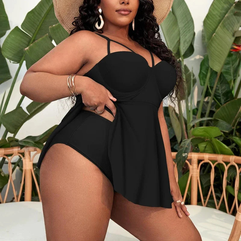 Tummy Control Pad Tankini Top with Swim Short Plus Size Swimsuits