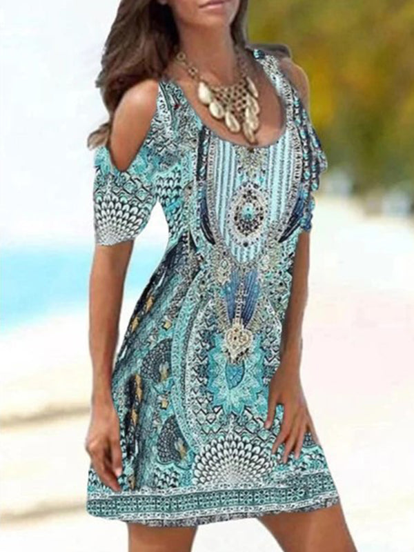 U neck off shoulder short sleeve bohemia vacation dresses