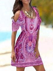 U neck off shoulder short sleeve bohemia vacation dresses