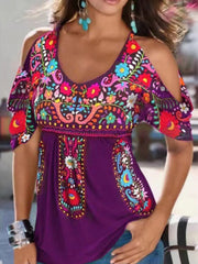U neck off shoulder short sleeve floral women summer T-shirts
