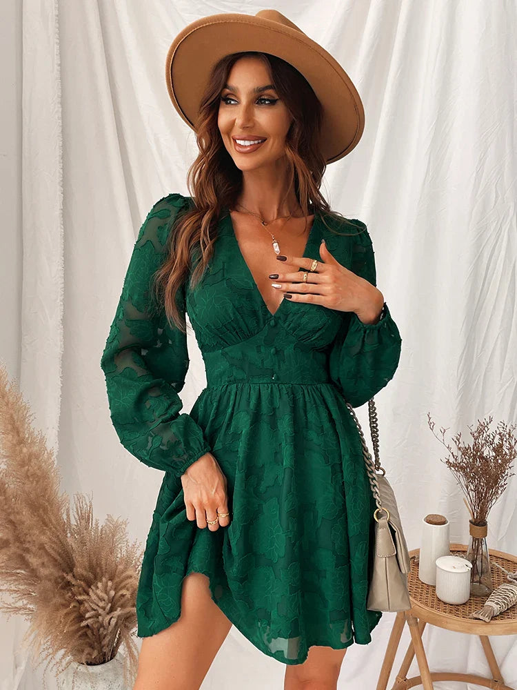 Long Sleeve Green Plunge A-Line Mini Boho Dress