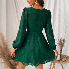 Long Sleeve Green Plunge A-Line Mini Boho Dress