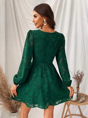 Long Sleeve Green Plunge A-Line Mini Boho Dress