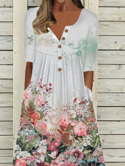 V Neck Button Floral Beach Casual Midi Dresses Maxi Dresses